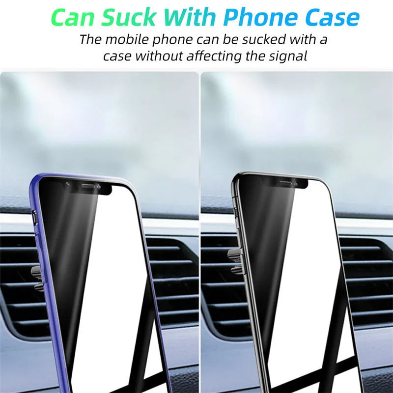 Black magnetic car air vent phone holder with adjustable ball joint and fragrance disc attached.