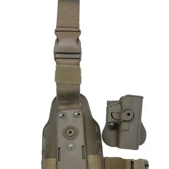 Tactical leg holster bag with quick-release waist plate in khaki colour for outdoor sports equipment