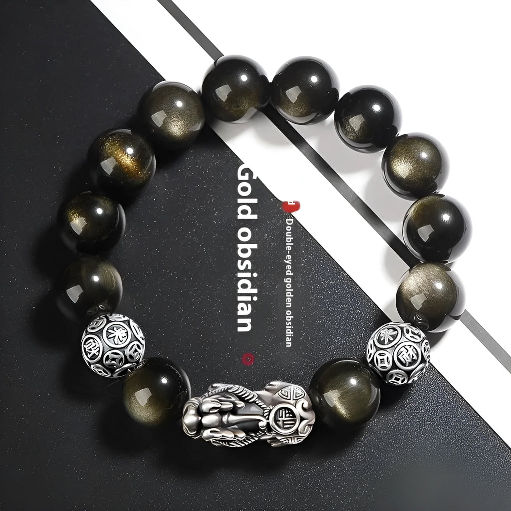 Men's geometric bracelet with a black obsidian bead and sterling silver clasp on a leather cord.