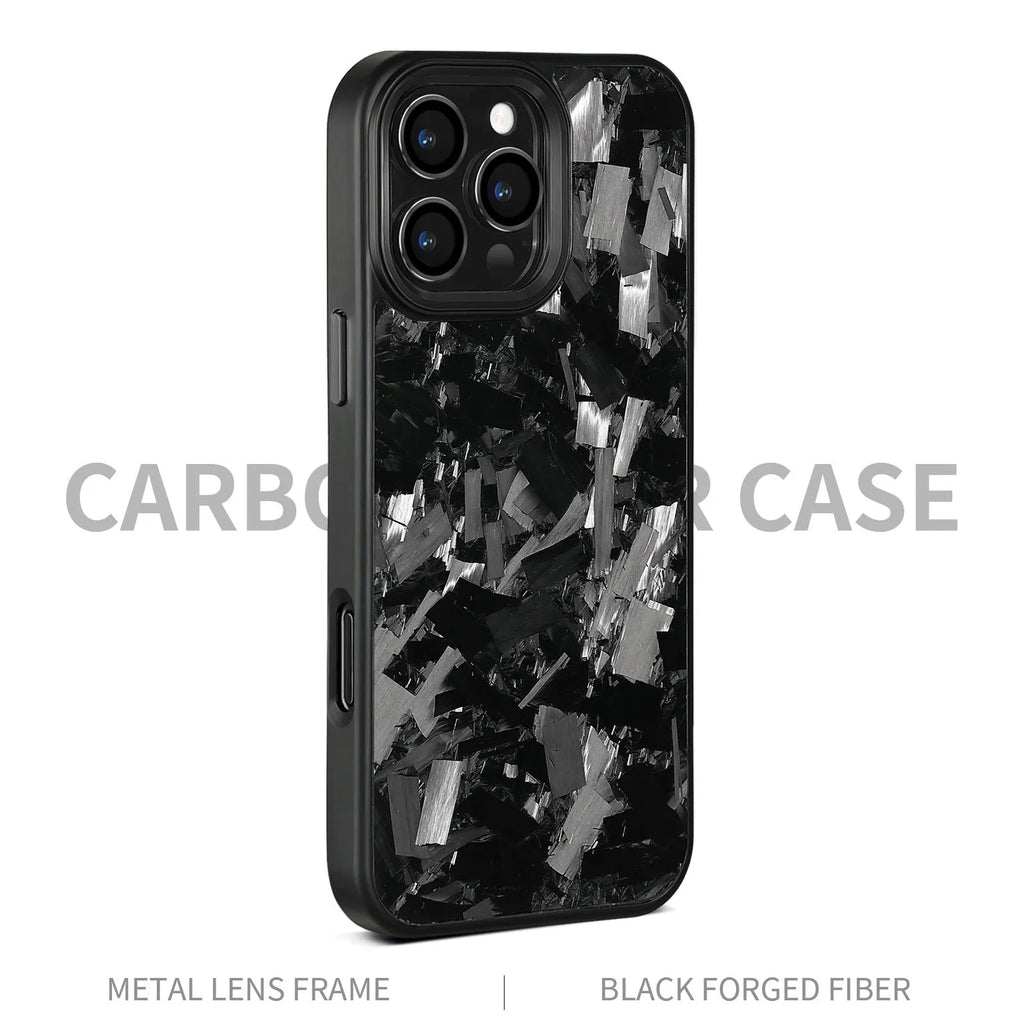 Black metal frame carbon fibre iPhone protective case with magnetic back shown alongside blue and red colour variants.