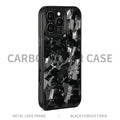 Black metal frame carbon fibre iPhone protective case with magnetic back shown alongside blue and red colour variants.