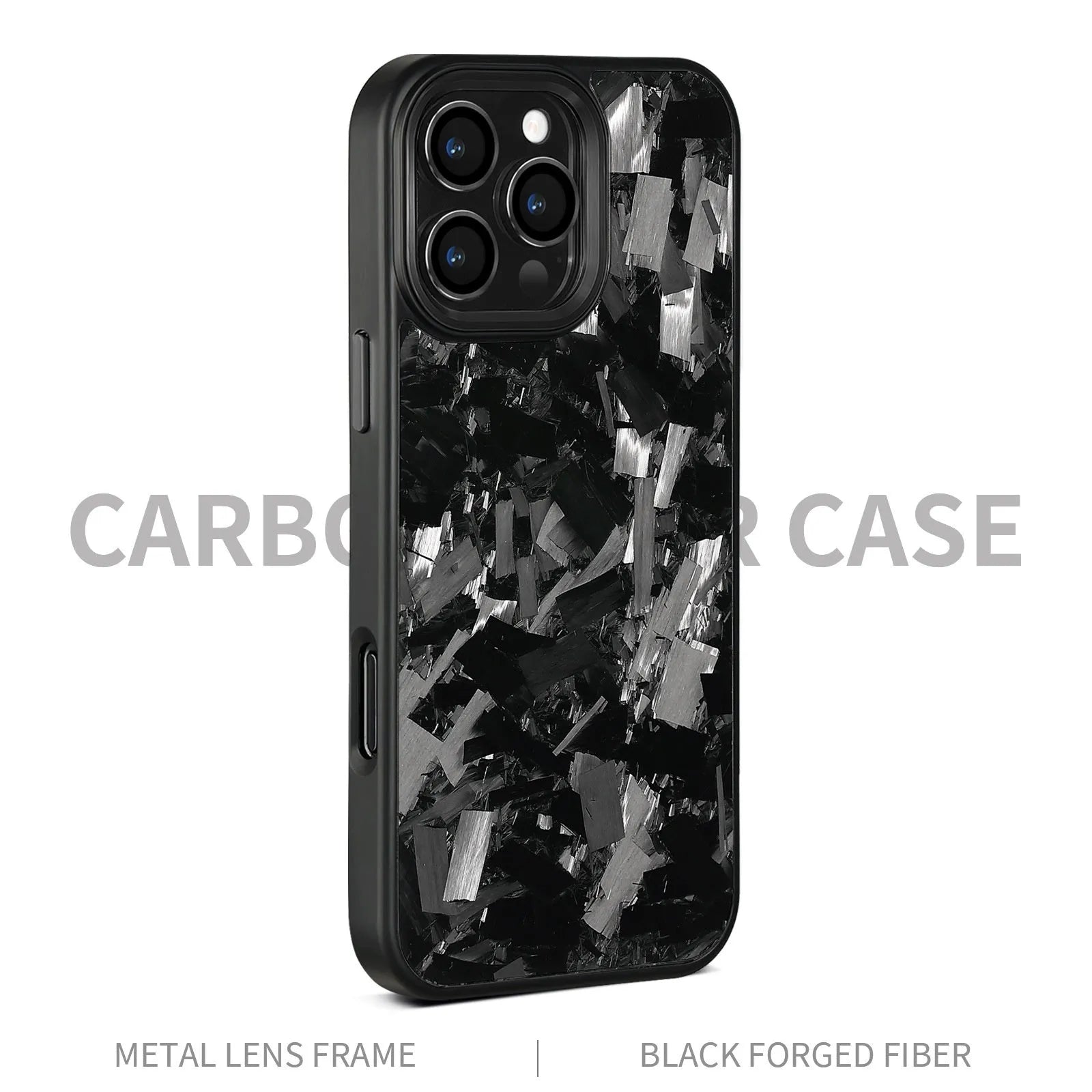 Black metal frame carbon fibre iPhone protective case with magnetic back shown alongside blue and red colour variants.