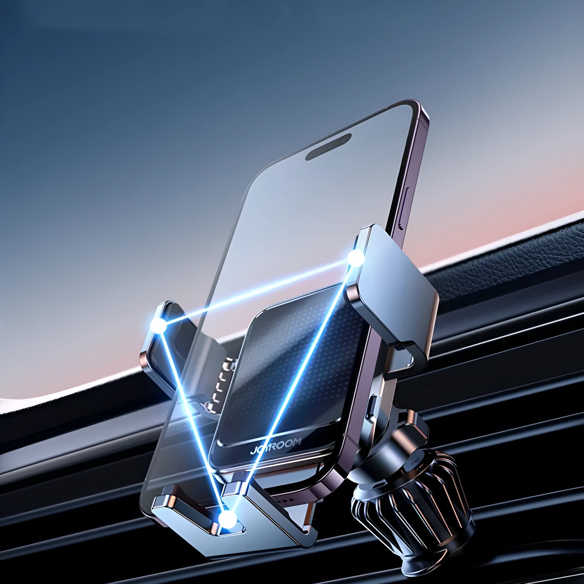 Black car air vent wireless phone charging bracket with automatic arms, shown with a mobile phone.