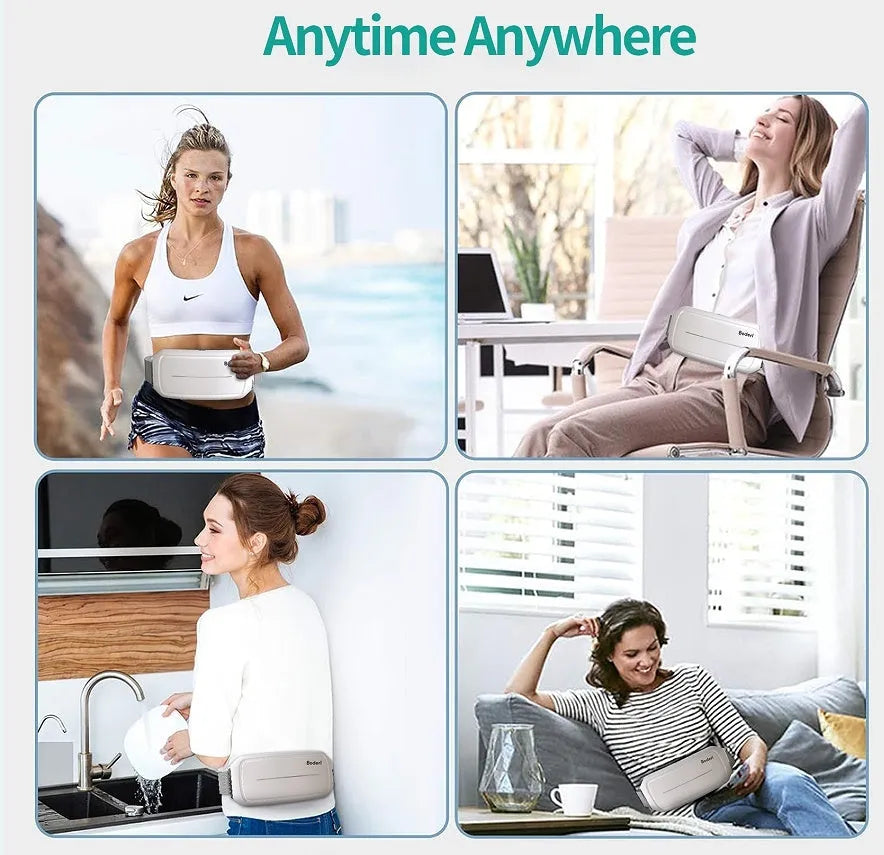 White Tummy Machine electronic ab trainer with adjustable vibrating waist belt on a grey background.