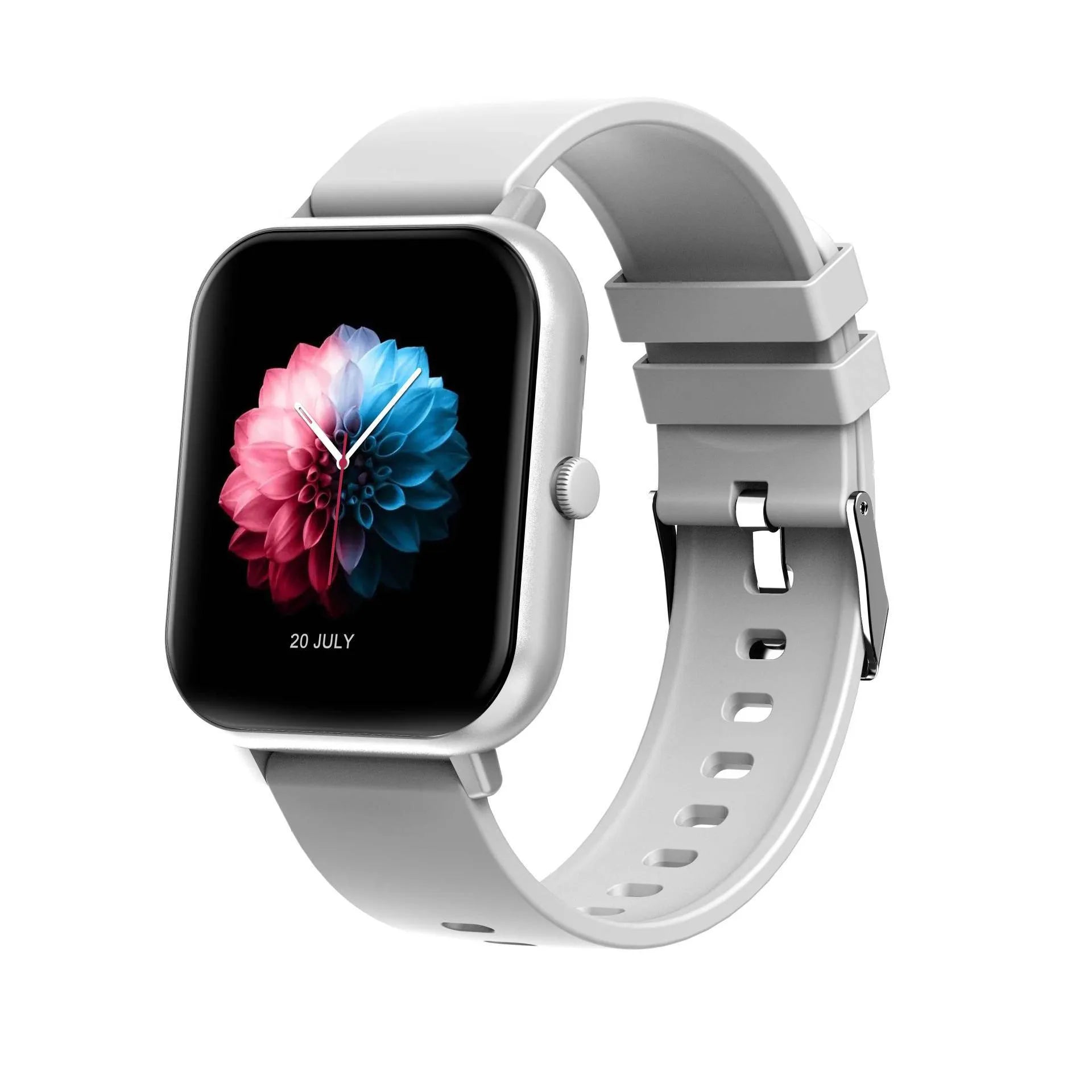 Bluetooth smart watch with touch screen showing heart rate monitor, in black, silver grey, pink, or khaki.