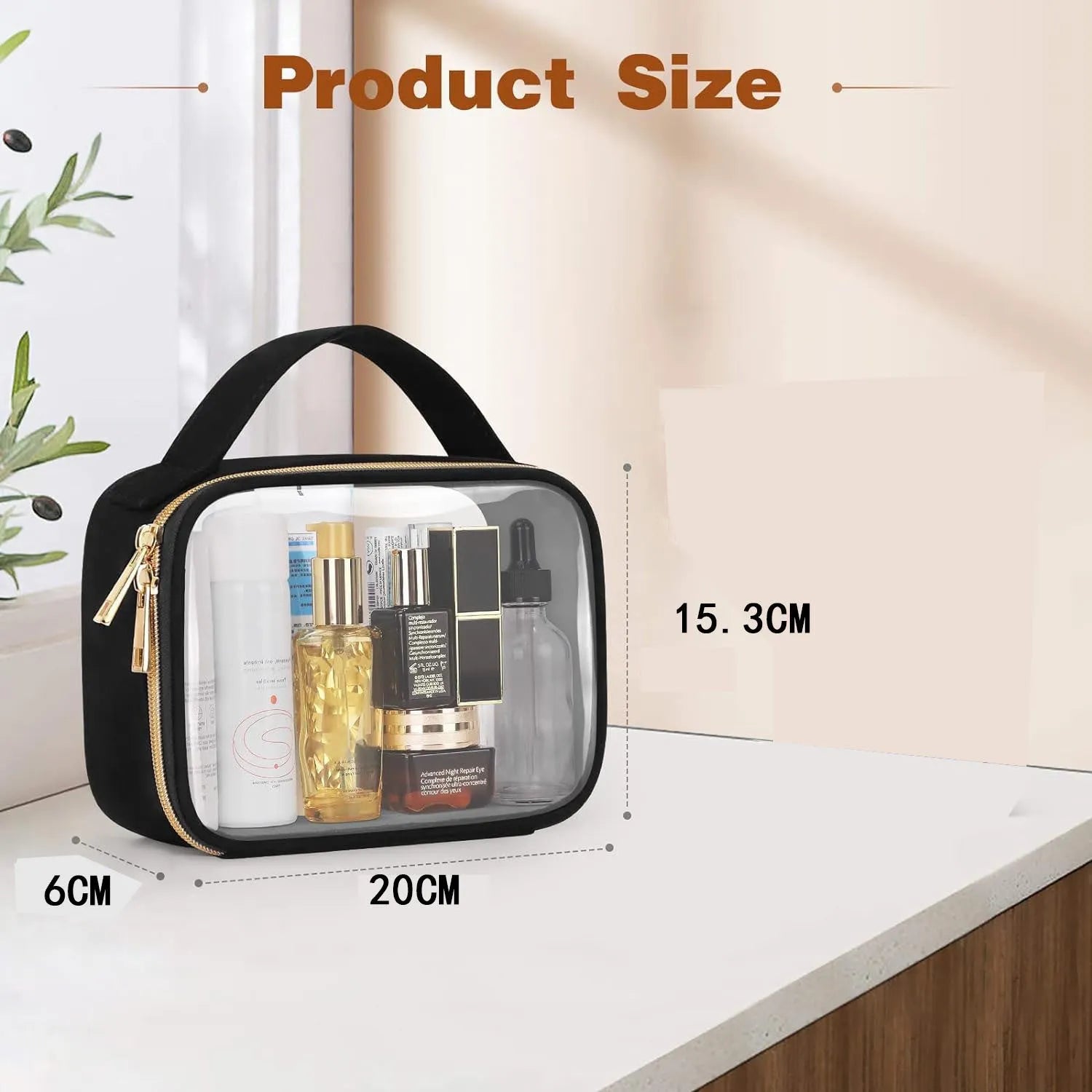 Transparent PVC wash bag with detachable chain in leopard print, holding lipsticks and brushes.
