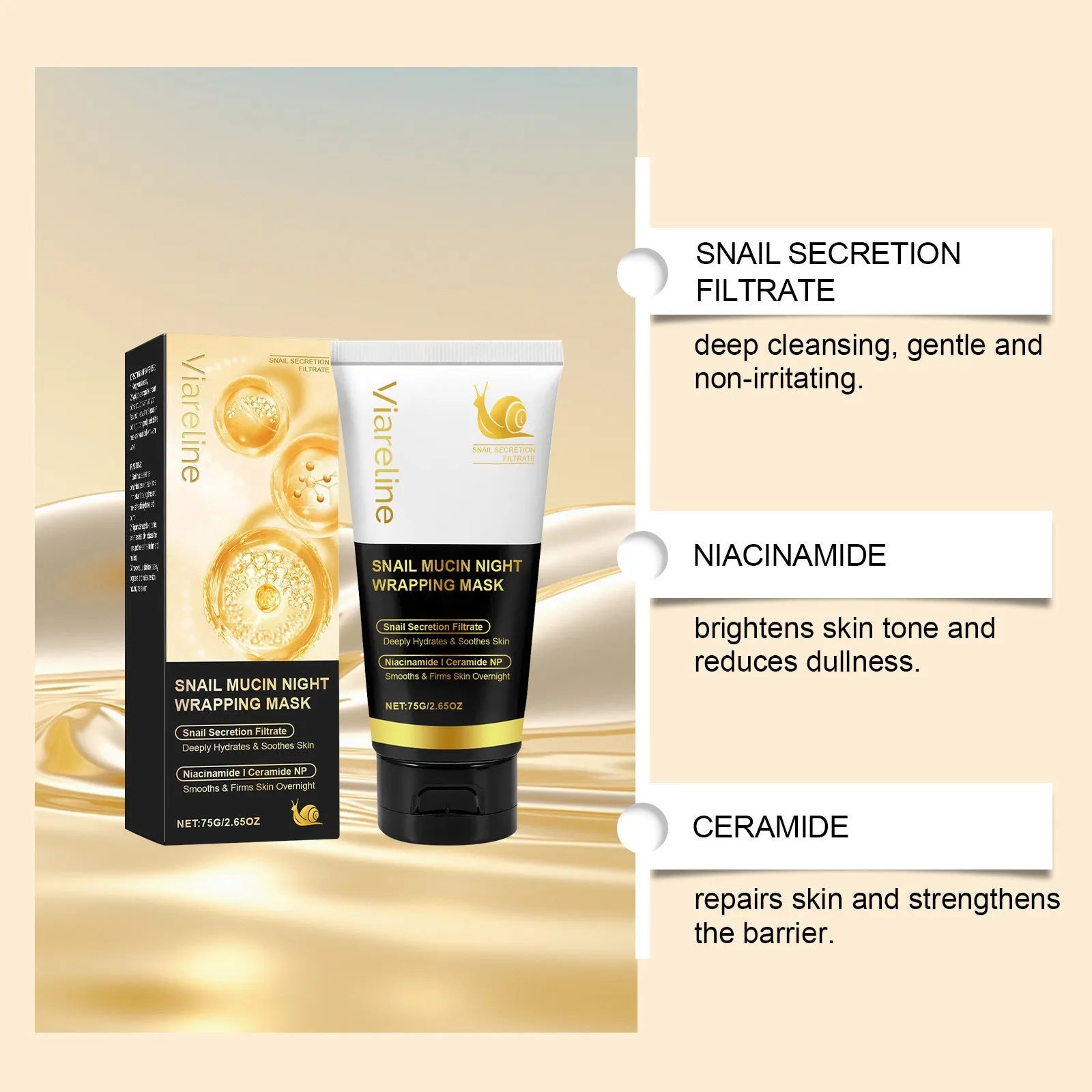 Single 75g snail mucus tearing facial sheet mask for hydration.