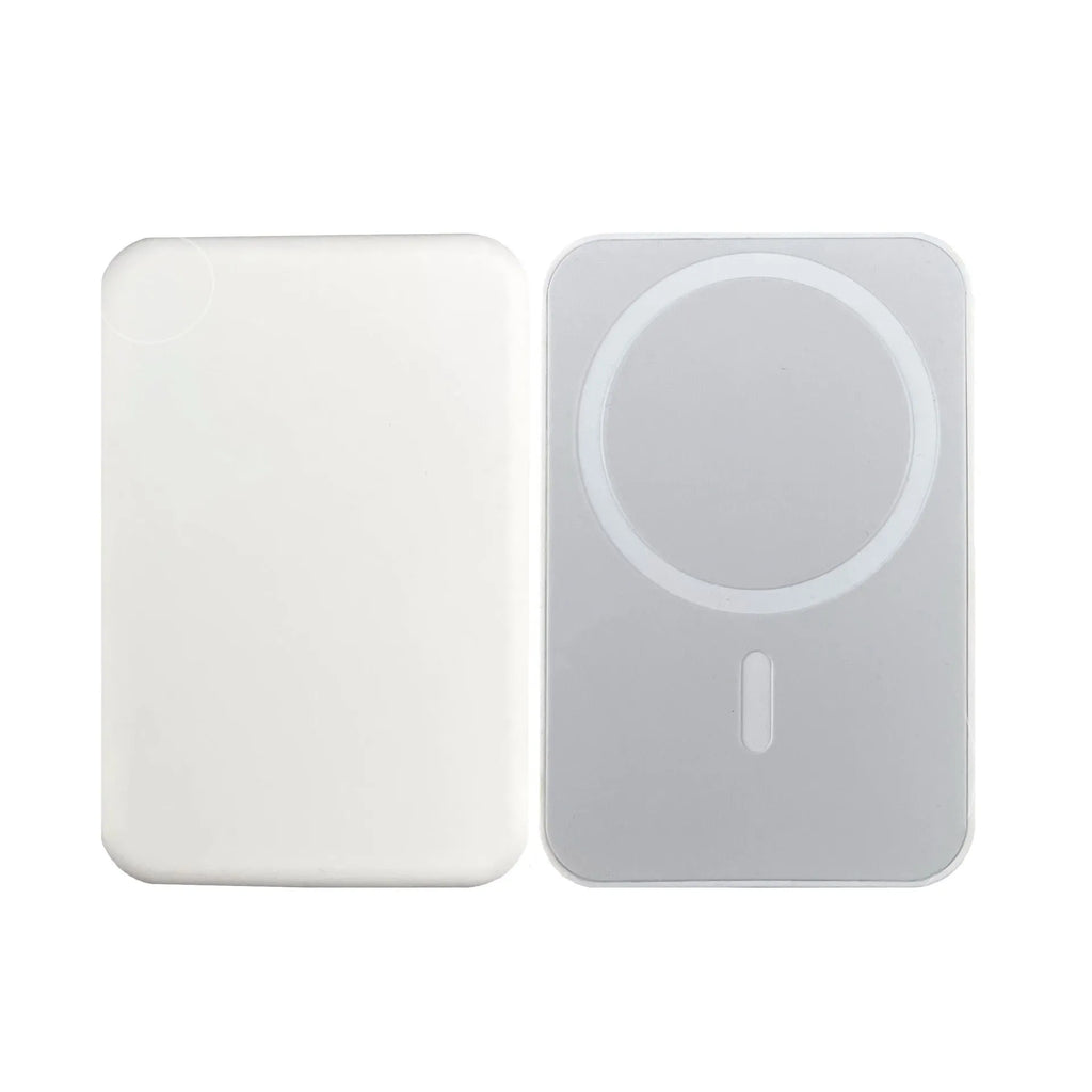 White magnetic wireless charging power bank with 5000mAh capacity on a table.