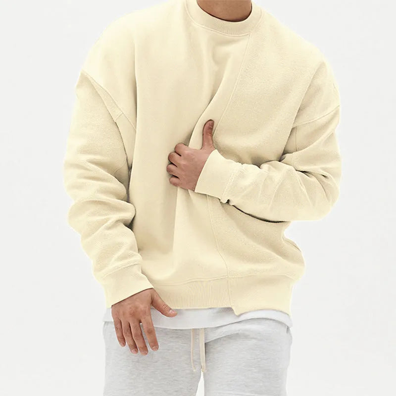 Men's loose fit pullover round neck sweater in khaki cotton blend long sleeve plain pattern