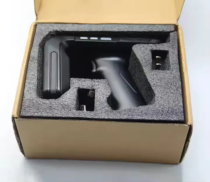 SLP-05 handheld Android UHF RFID reader scanner on a warehouse shelf