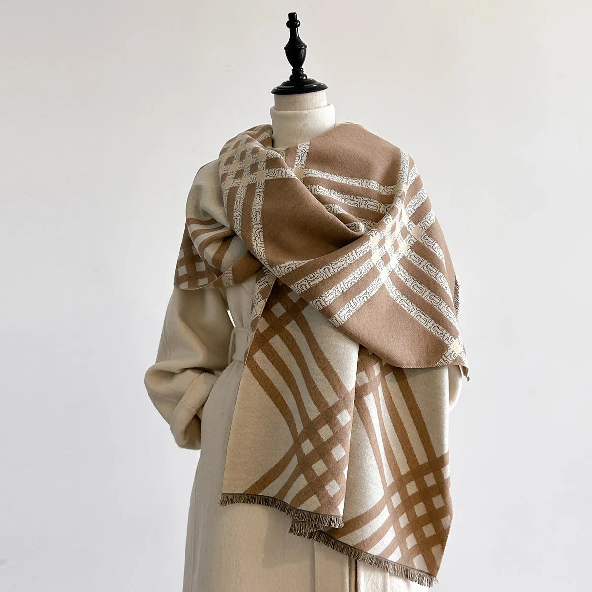 Cashmere-like scarf with tassel trim in brown colour showing 185cm length