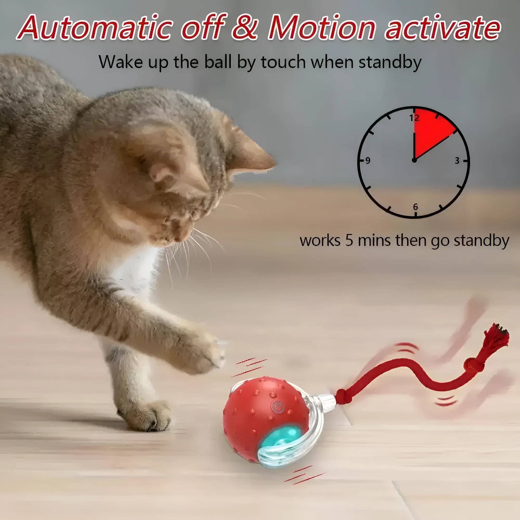 Red interactive cat toy ball with super drive rolling mechanism on a plain background.