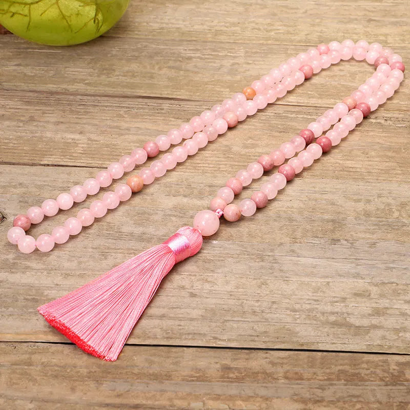 Stone bead yoga necklace and bracelet set with long fringe drop pendant on adjustable ball chain
