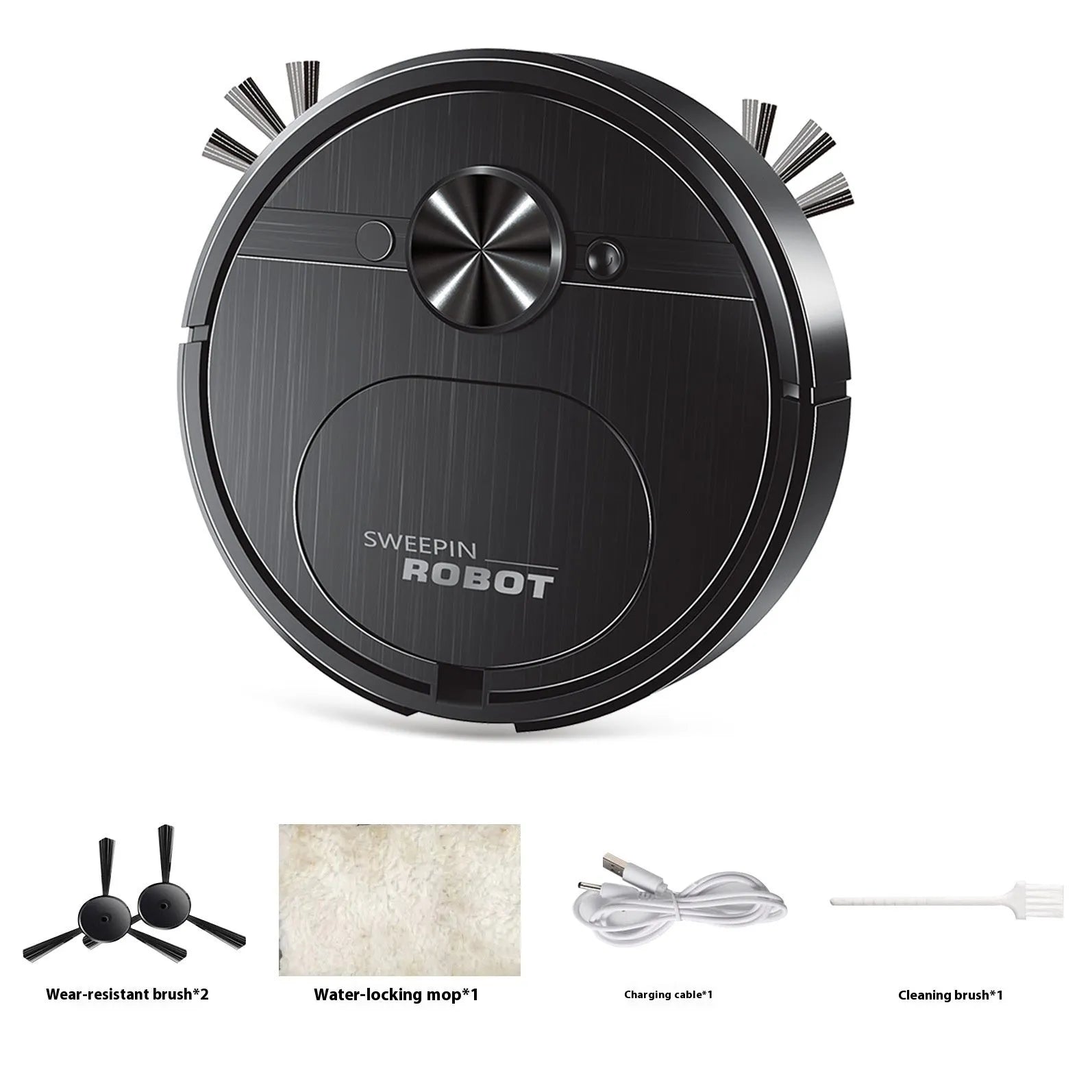 Black or white three-in-one robot vacuum cleaner with sweeping brushes and a mopping attachment.