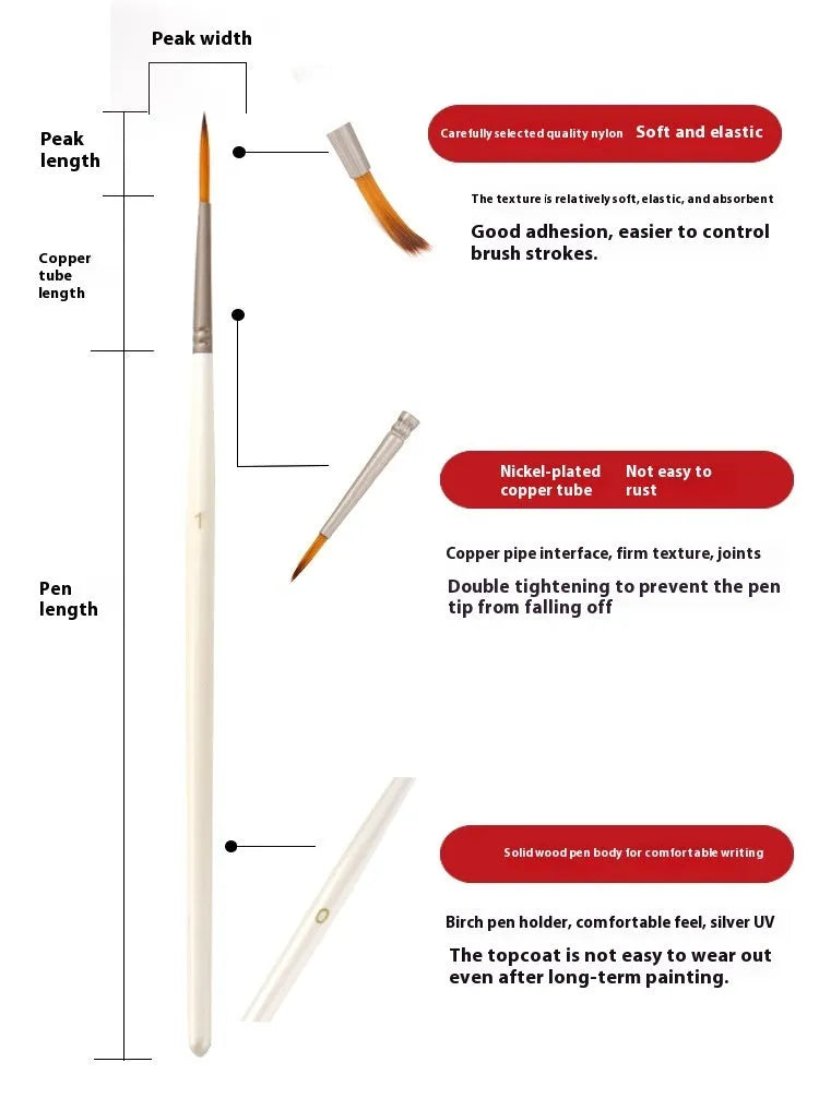 Set of 12 pearl white artist painting brushes with wooden handles and nylon wool fibres.