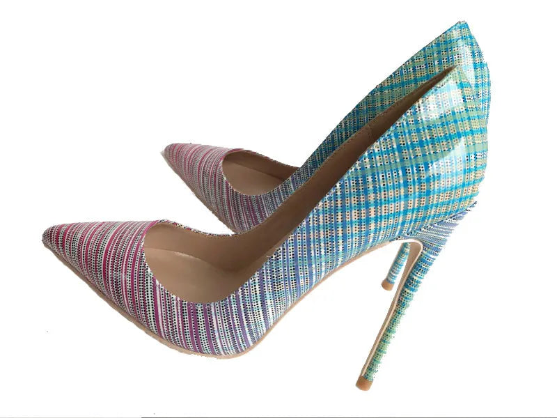 Ladies' pink and blue gradient patent leather pointed toe stiletto heels on a white background.