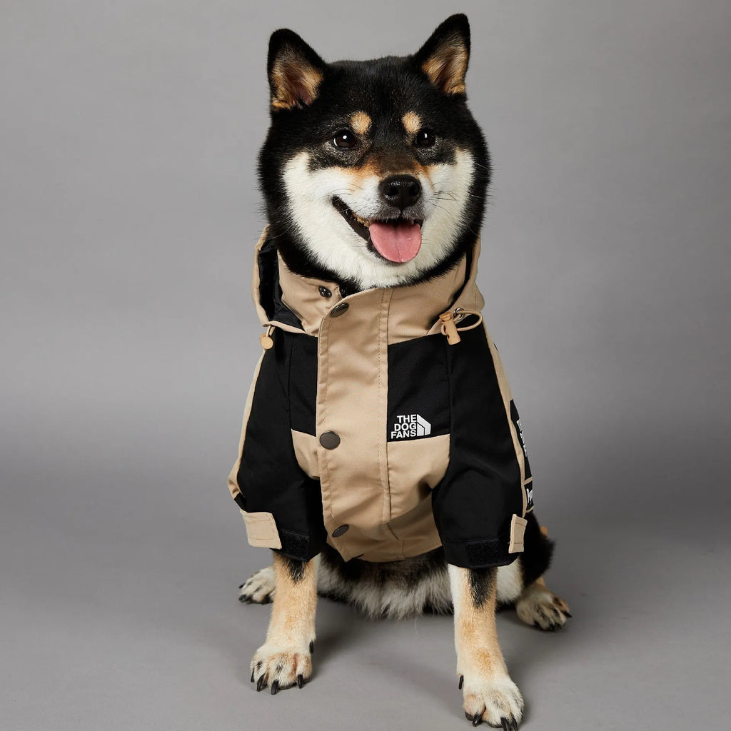 Khaki coloured polyester dog shell jacket shown on a model dog.