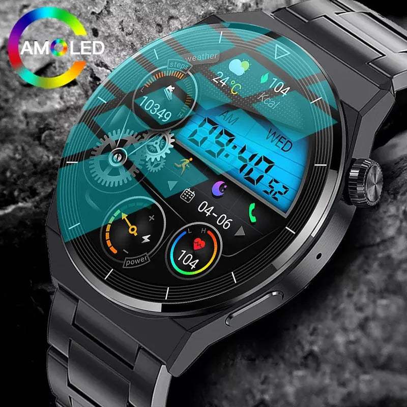 Black silicone strap smartwatch with silver vinyl case showing TFT touchscreen displaying health metrics
