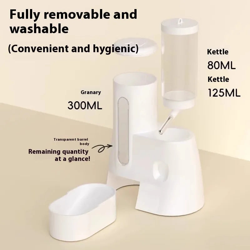 Blue automatic hamster drinking bottle feeder with food basin attached to cage bars.