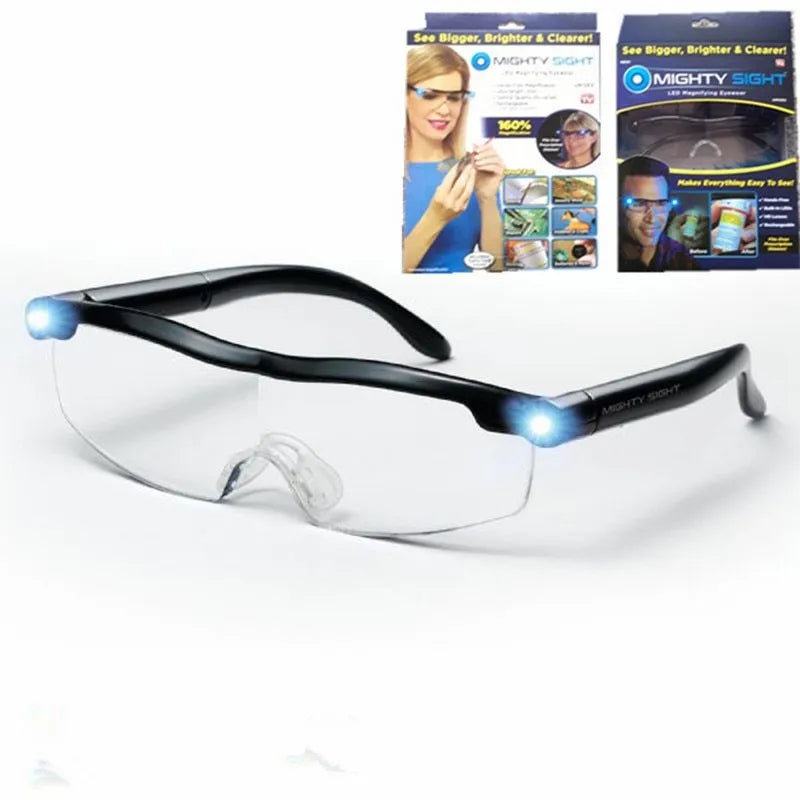 Transparent black USB LED reading glasses with built-in light on the frame.