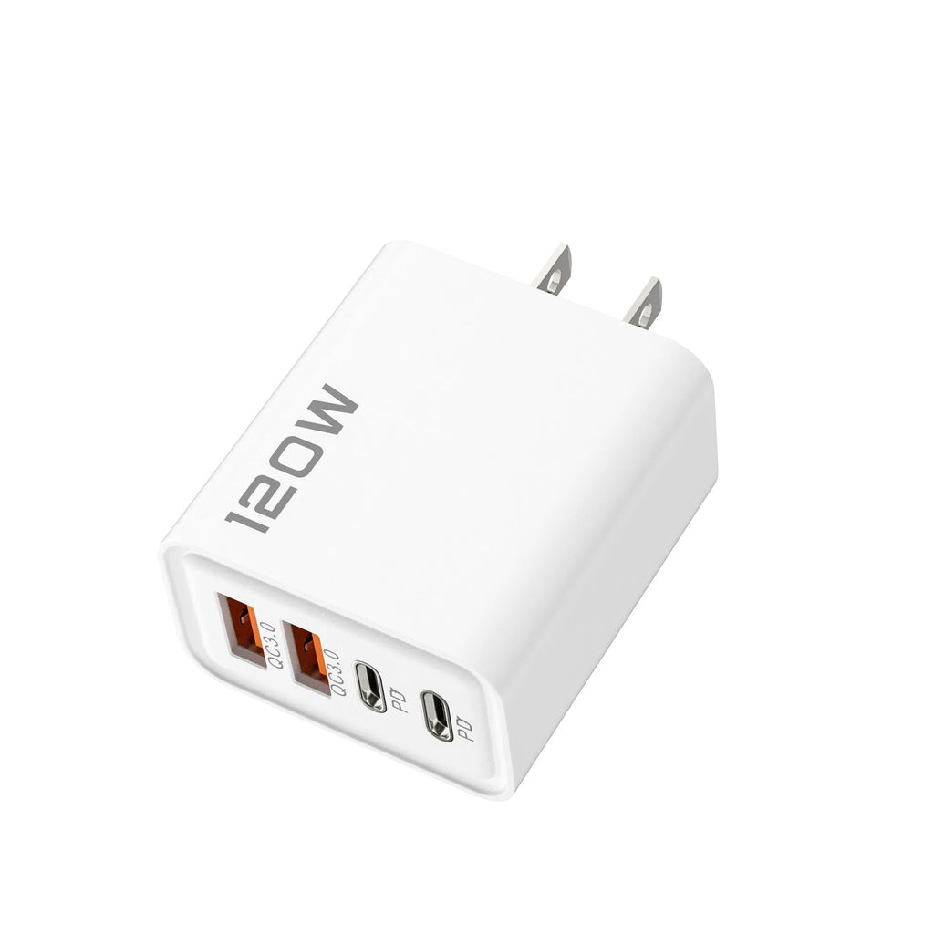 120W dual PD dual USB charger in black with interchangeable UK EU US plugs