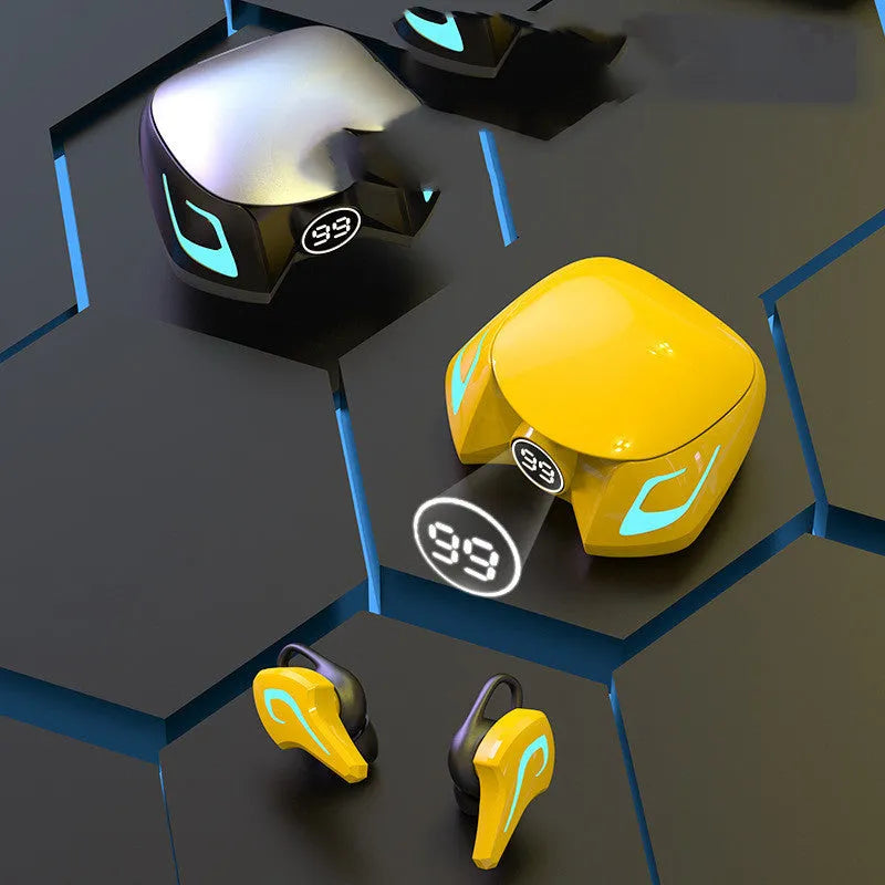 Wireless black and grey gaming Bluetooth earbuds showing in-ear fit.