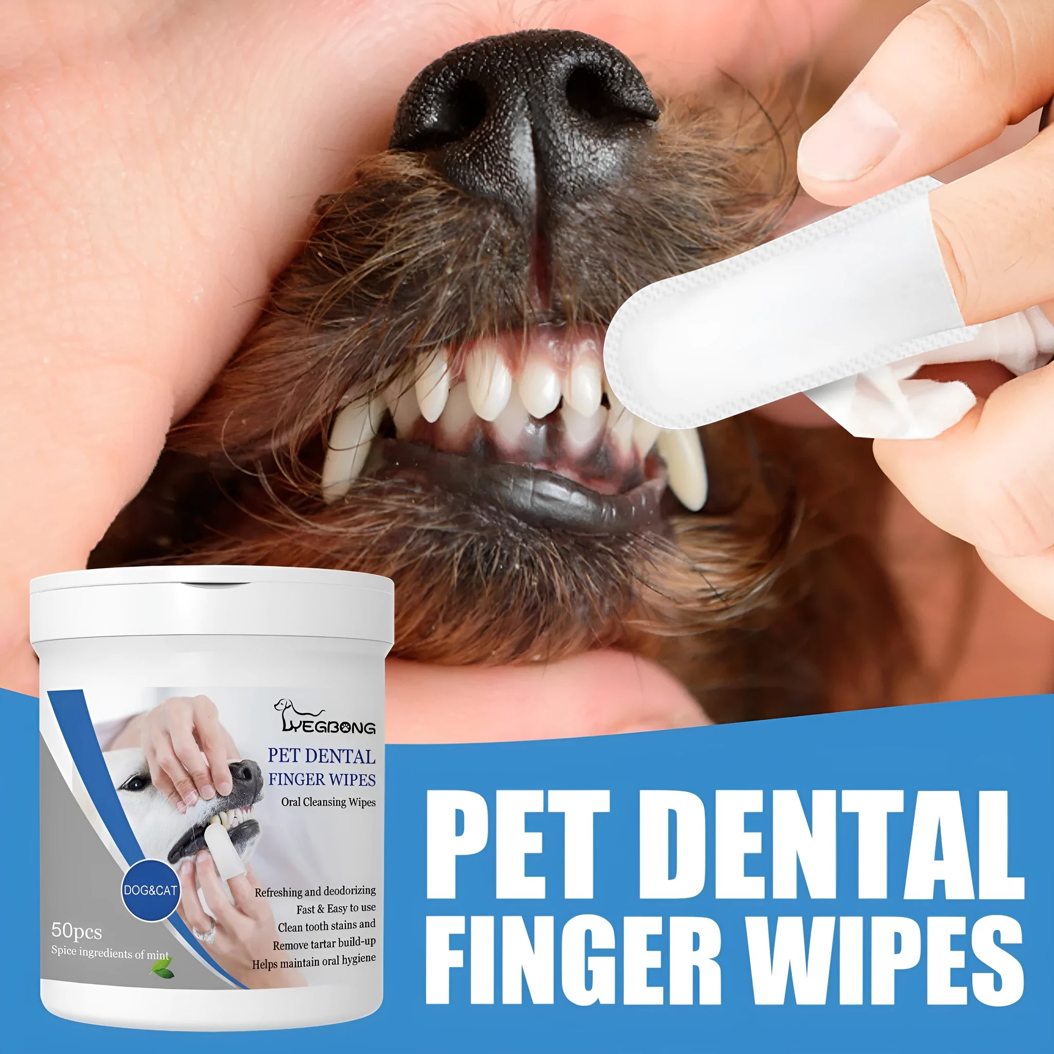 Can of dog dental cleaning wipes with finger stall applicator for pet teeth oral care