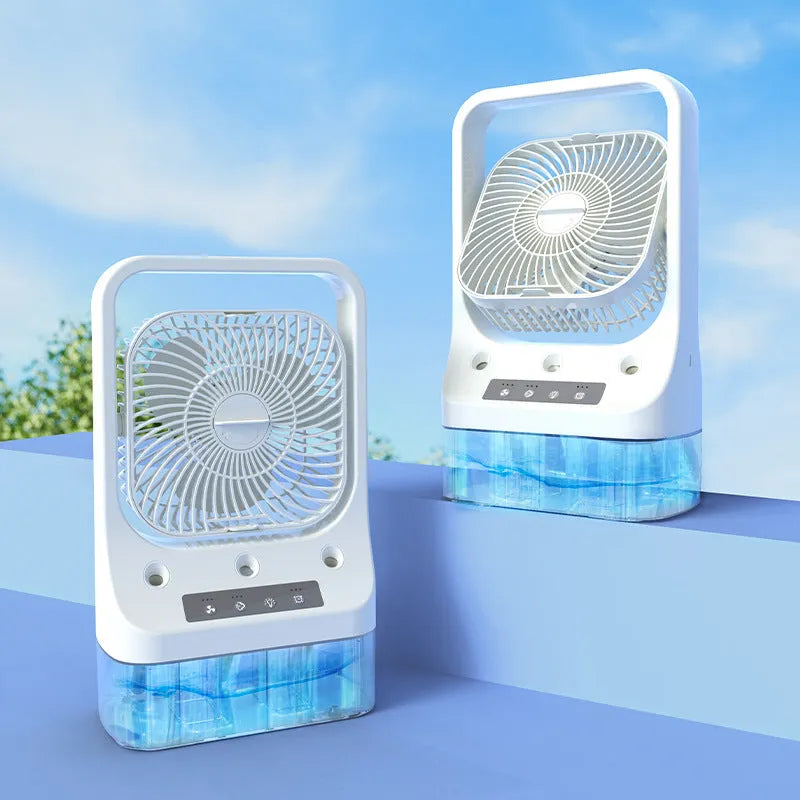 White USB rechargeable portable air cooler fan with adjustable head and water tank.