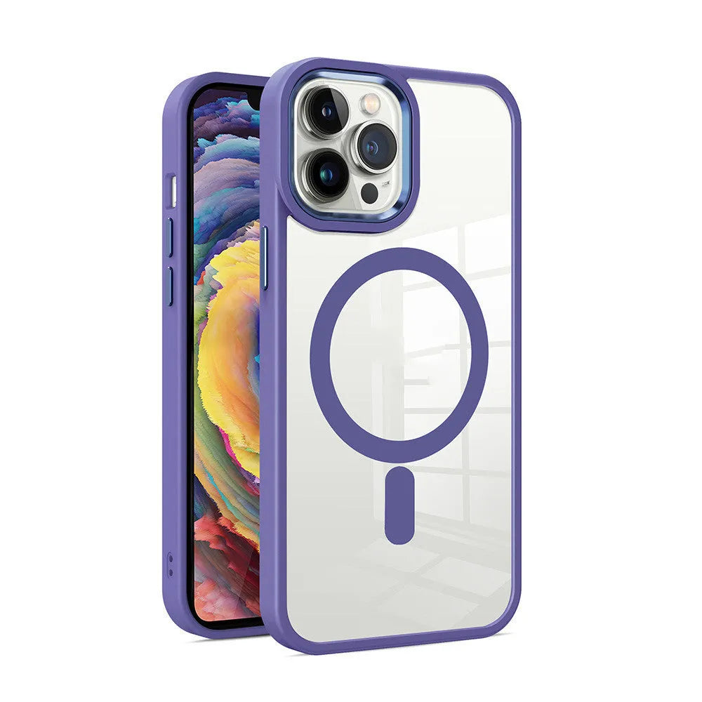 Transparent silicone magnetic phone case for iPhone on a table, showing MagSafe ring and colour options.