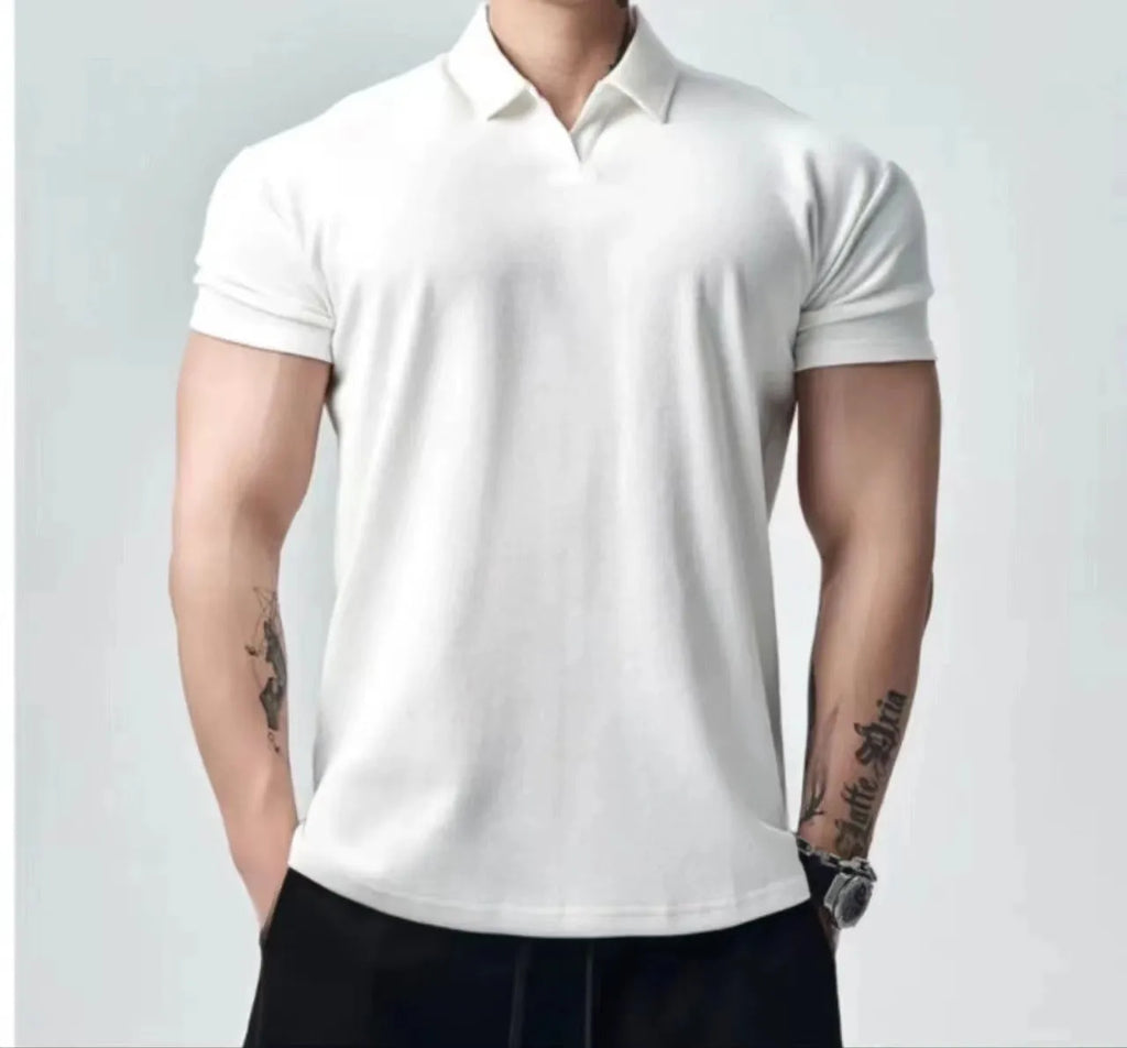 Retro men's loose fit t-shirt showing Henry collar and polo collar options in solid colours