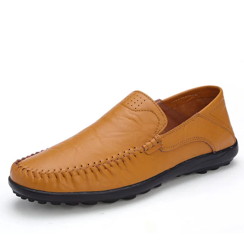 Men's casual leather shoes, genuine leather upper, round toe, slip-on style, black colour