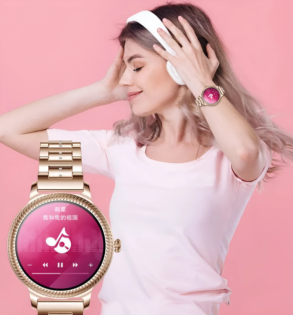 AK38 ladies smart watch with metallic stainless steel strap and 1.09-inch colour screen.