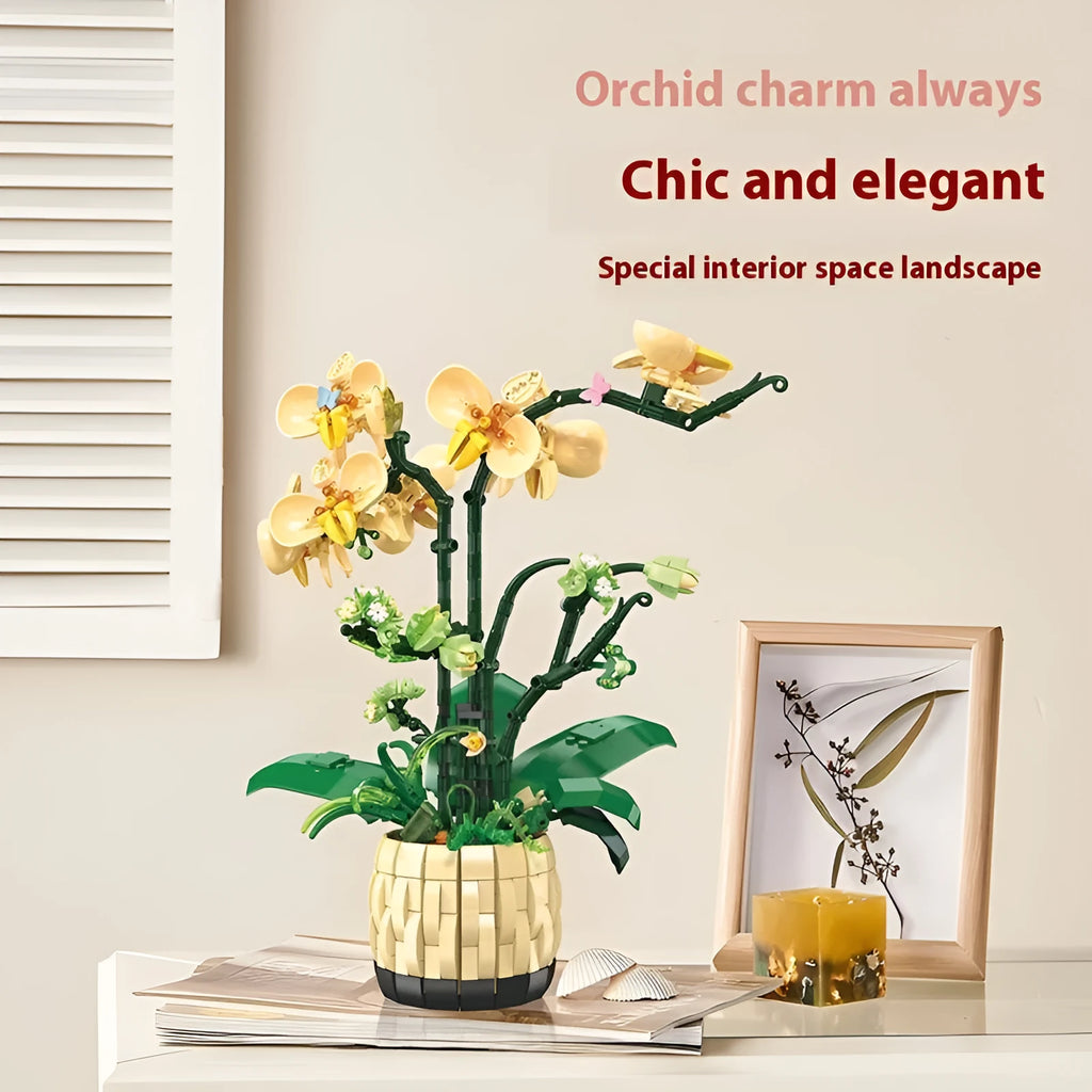 Assembled orchid potted decoration made from plastic building blocks in Jetstar 9067 style on a desk