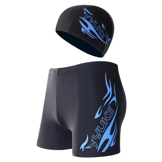 Men's plus size blue fire patterned swimming trunks with matching cap on black background.