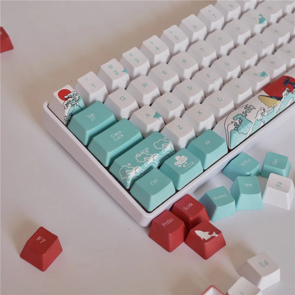 Coral Sea themed PBT keycaps with five-sided sublimation printing and oversized custom buttons for mechanical keyboards
