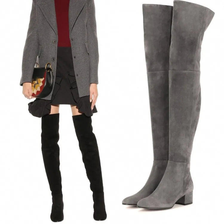Grey suede women's flat over-the-knee boots with a pointed toe and thick low heel