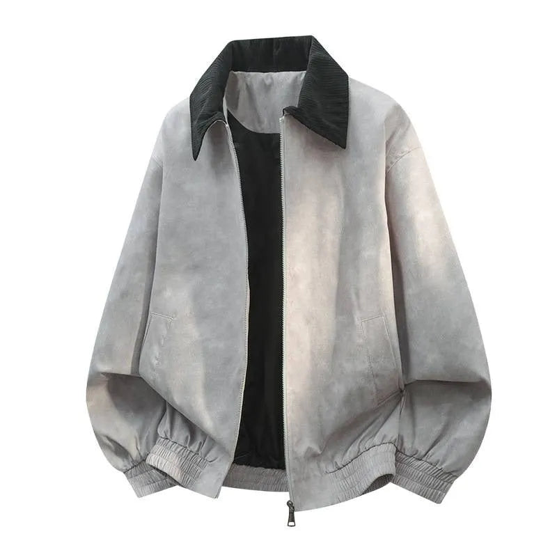 Men's black casual jacket with stitching lapel detail and straight hem