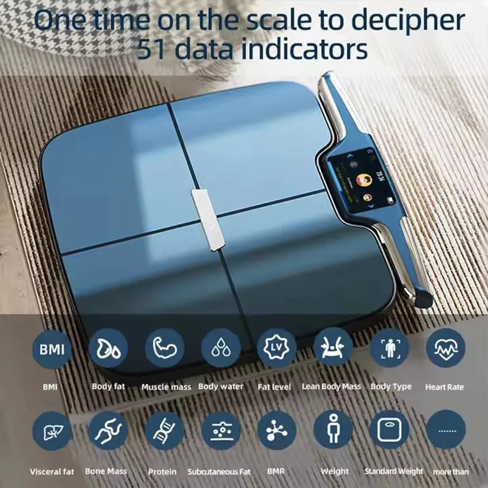 Black eight-electrode body fat and weighing scale on a floor.
