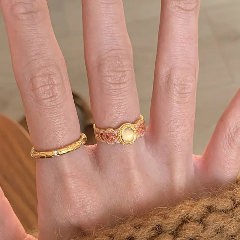 Pink crystal enamel geometric open ring for women with gold plated finish