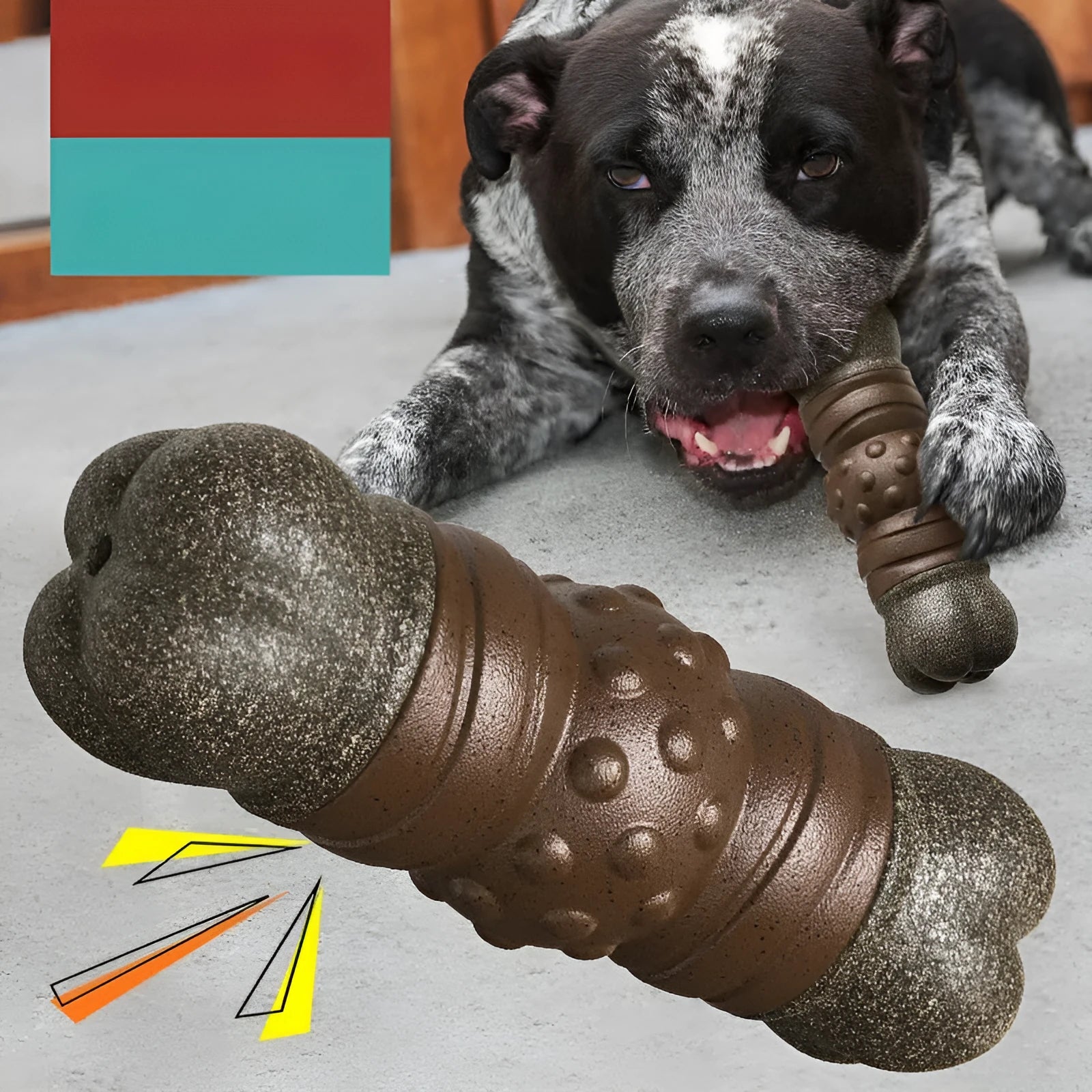 Wood colour plastic bone-shaped dog toy with a textured surface for molar cleaning.