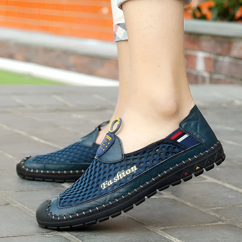 Men's brown mesh casual shoes with round toe and rubber sole on a white background