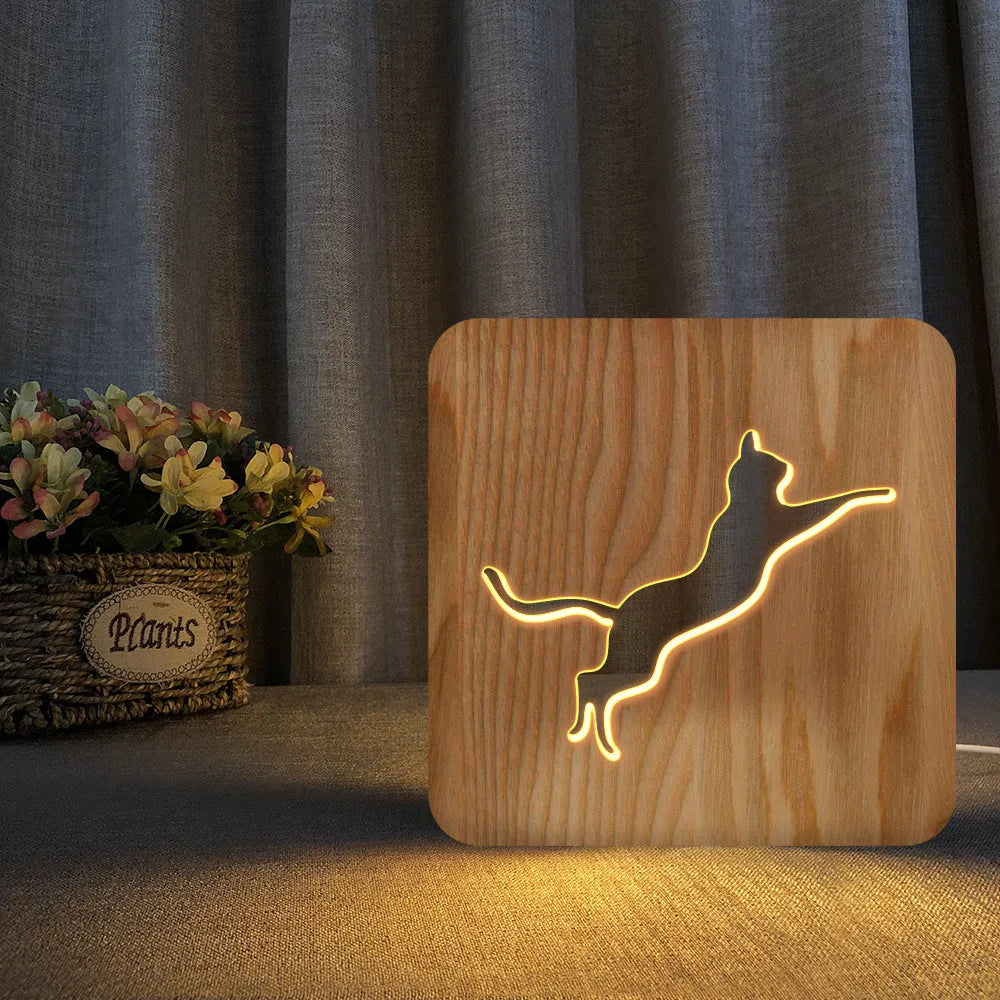 Solid wood cat 3D night light with hollow silhouette, USB power cord, pastoral design style
