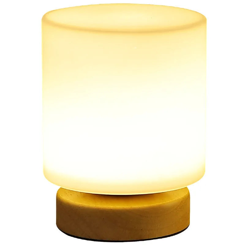 Nordic solid wood USB charging table lamp with touch dimming and flower-shaped white shade.