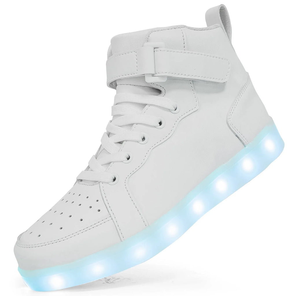 LED high-top sneakers with Velcro strap in black, gold, or white colour on rubber sole.