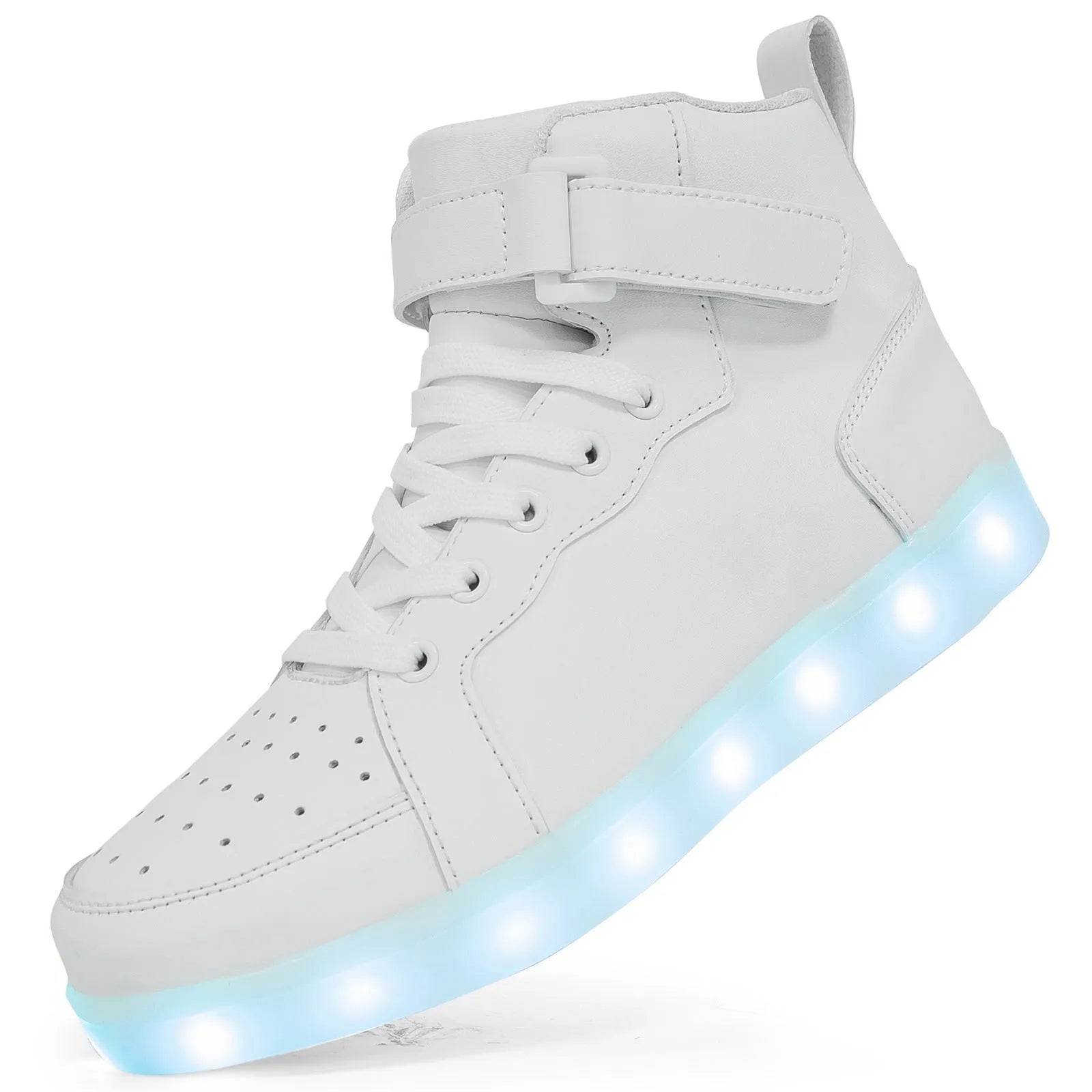 LED high-top sneakers with Velcro strap in black, gold, or white colour on rubber sole.