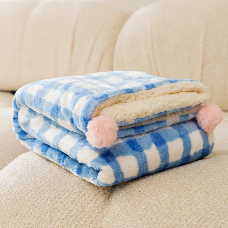 Blue coral fleece pet blanket shown on a dog bed, with size options S M L XL displayed.