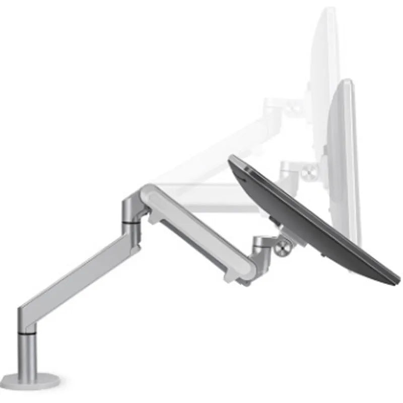 Silver aluminium alloy computer stand with hover bracket design supporting a laptop