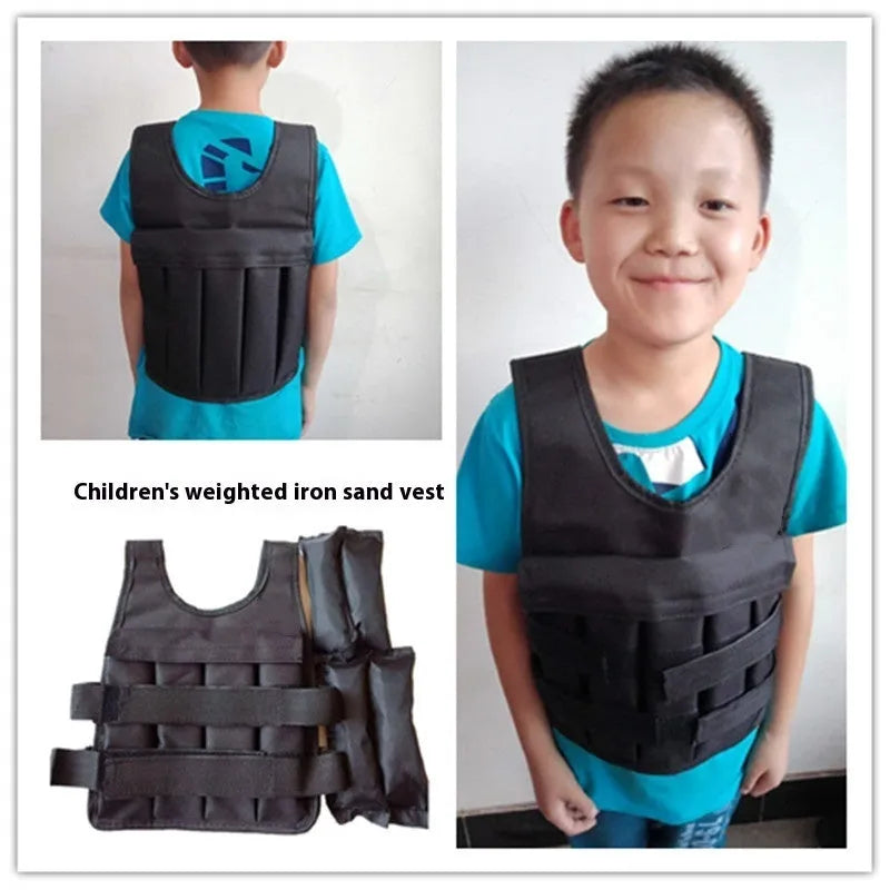 Children's adjustable weighted sand vest in soft voile fabric shown on a mannequin, sized for heights 80cm to 160cm.
