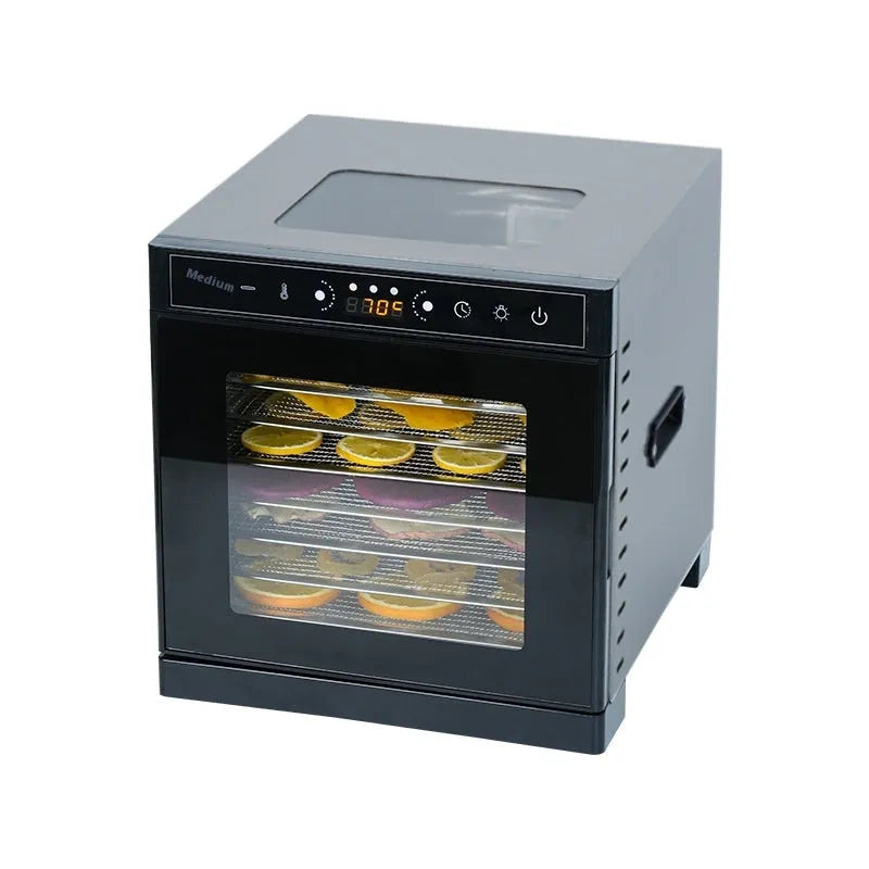 Stainless steel fruit dehydrator machine with multiple mesh trays and an LED control panel.