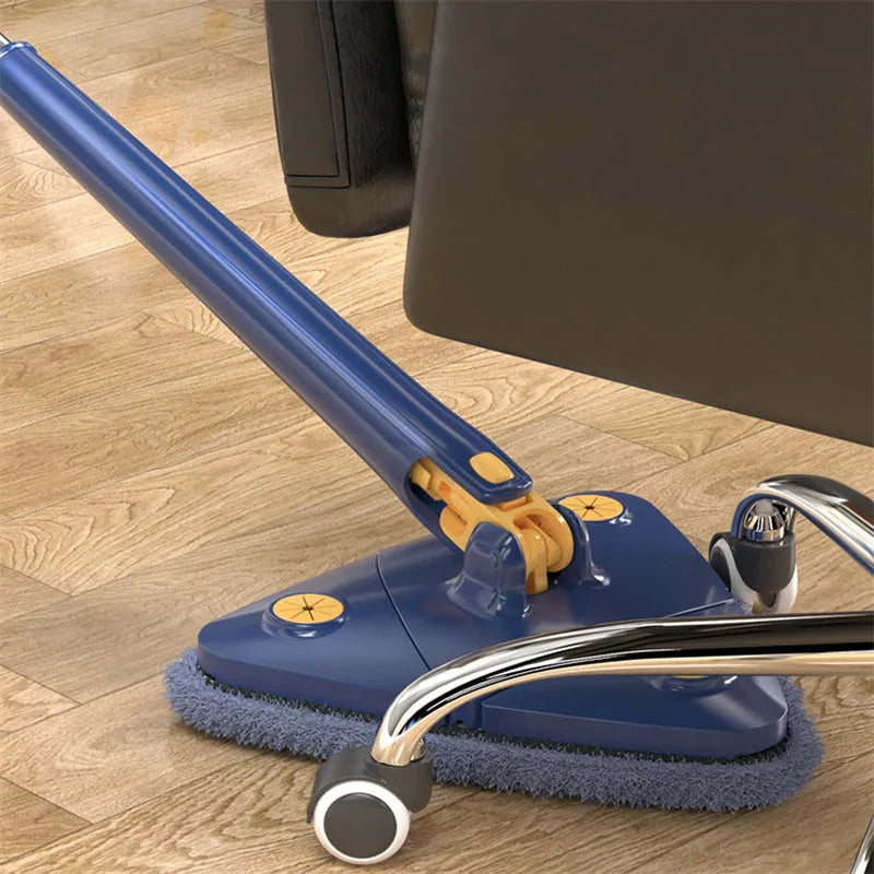 Blue triangular cleaning mop with a 360-degree rotating head and extended stainless steel pole on a tile floor.